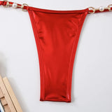 PU Leather Pearls Bikini Mini Micro Thong Bikinis Women Swimwear Female Swimsuit Two-piece Bikini Set Halter Bathing Suit Swim
