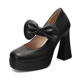 Plus Size Women's Bow Mary Janes Platform Chunky Heels Ankle Strap High Heel Pumps Sweet Lolita Party Dress Shoes