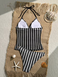 Vintage Red Striped Two Piece Bikini Set 2026 Women Shell Starfish V Neck Top High Waist Swimsuit Beach Bathing Suit Swimwear