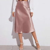 Satin-Like Shiny Skirt Women Midi Skirt High Waist Solid Color Mid-calf Length Skirt Soft Breathable Fabric Work Skirts