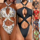 Sexy Tummy Cut Out Leopard Snakeskin Women Swimwear One Piece Swimsuit Female Halter High Cut Leg Bather Bathing Suit Swim V7972
