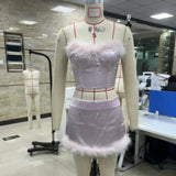 Solid Color Summer Sets for Women Sleeveless Back Bandage Feather Trim Bustier Tops and Mini Pencil Skirts Fashion Suits