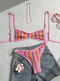 Crochet Striped High Leg Cut Brazilian Bikini Female Swimsuit Women Swimwear Two-pieces Bikini Set Bather Bathing Suit Swim Lady