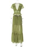 FDYOUI Sexy V-neck Lace Patchwork T-shirt Tops+Long Skirt 2 Piece Set Women's Summer Green Holiday Party Dress Suit Streetwear