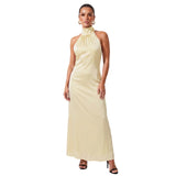 Women Summer Sexy Long Dress Sleeveless Halterneck Backless Solid Color Cocktail Dresses for Party