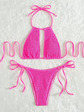 2025 Halter Tie Side Hollow Out Smocked Bikini Women Swimsuit Female Swimwear Two Pieces Bikini Set Swim Bathing Suit Beach Wear