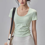 Big round Neck Yoga T-Shirt Short-Sleeved Slimming Sports Top with Fixed Chest Cushion for Running Pilates Summer Stretch