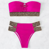 2Pcs/Set Women Bikini Set Ring Connection Off Shoulder Bathing Suit Elastic Waistband Backless High Cut Lady Beach Bikini Suit