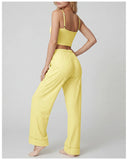 Women's Yoga Sets Yellow Patchwork Slimming Sports Tank Top Summer Gym Training Suit High Waist Wide Leg Pants Fitness Outfits