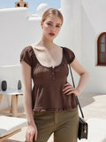 Summer Women Short Sleeve T-shirt Solid Color Low-necked Pleated Hem Casual Tops Y2K Retro Shirts