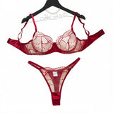 Sexy Red Floral Embroidery Lace Bra Thong Set Women Sheer Mesh Satin Trim 2‑Piece Intimate Lingerie Underwear Sleepwear ZA825287