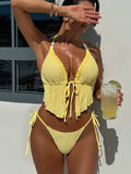 DEKA Yellow Triangle Vest Bikini Set Women String Halter Thong Sexy Swimsuit Heart Bead Swimwear Bathing Suit Lace up Bikinis