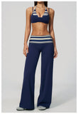 Fake Two-piece Sports Bra Yoga Sets Women Coffee Striped Patchwork Folding High Waist Wide Leg Pants Gym Running Fitness Suits