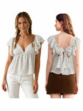 Women's Summer Tiered Cap Sleeve Crop Tops Dot Print V-Neck Cute Back Bow Babydoll Tee