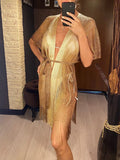 Sexy With Belt Fringe Tassel Crochet Knitted Tunic Beach Cover Up Cover-ups Beach Dress Beach Wear Beachwear Female Women V4649