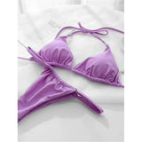 PU Pleated Ruched Bikinis Mini Micro Thong Bikini Women Swimwear Female Swimsuit Two-pieces Bikini Set Halter Bathing Suit Swim