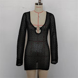 Long Sleeve Hollow Out Crochet Knitted Tunic Beach Dress Beach Wear Beachwear Beach Cover Up Cover-upsFemale Women V6552
