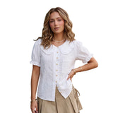 Women Doll Collar Loose Floral/Solid Tops Short Sleeve Button-down Shirts Casual Summer Streetwear