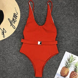 V Neck Ribbed High Leg Cut Women Swimwear One Piece Swimsuit Female Backless Monokini Bather Waist Belt Bathing Suit Swimwear