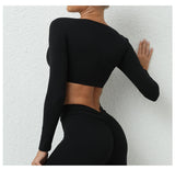 Long Sleeve Gym Crop Tops for Women Twist Deep V Workout Quick Dry Padded Sports Fitness Yoga T-Shirt