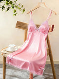 Women Satin Nightdress Lace Trim Slip Dress Spaghetti Strap Silky Nightgown Elegant Sleepwear Home Lingerie