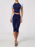 Color Blocking 2PCS Yoga Set Women's Tracksuit Short Sleeve O Neck Sports T Shirts High Waist Cropped Pants Tight Fitness Suits
