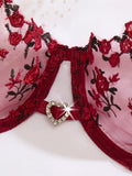 French vintage wine-red rose embroidery lingerie set - net sheer bra + T-shirt - sexy sensual women's lingerie ZA824026