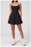 Women Tennis Dress with Shorts Pocket Square Neck Hollow Back Sleeveless One Piece Sports Outfit Fitness Pleate Mini Dresses
