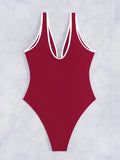 2026 V-neck Vintage Swimsuit One Piece Solid Slim Swimwear Women Bathers Bathing Swimming Swim Suit Female Beachwear