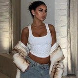 Woman Beading Rhinestones Tank Tops White Black Summer Sleeveless Corset T-shirt 2026 Casual Square Collar Crop Top Streetwear