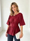 2026 Summer Women's Peplum Tops Casual Elegant Stylish Bow Backless Loose Shirts Crew Neck Elbow Sleeve Blouse