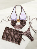 DEKA Sexy Swimsuit Zebra Stripes 3 Pieces Bikini Set Summer Beach Wear Hollow Out Bikinis With Beach Skirt Swimwear Cover-up