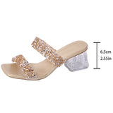 Shiny Sequins High Heels Sandals Women Plus Size 43 Square Toe Transparent Heel Slippers Woman Slip On Gold Crystal Party Shoes