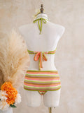 Sexy Black Stripe Knitted One Piece Swimwear Skirts Sets 2026 Women Metal Circle Hollow Out Backless Bathing Suit Thong Swimsuit