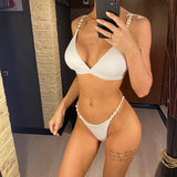 Sexy Pearls High Leg Cut Padded Bikini Female Swimsuit Women Swimwear Two-Pieces Bikini Set Bather Bathing Suit Swim Lady V4366