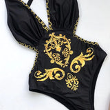 2026 New Sexy One Piece Swimsuit Swimwear Women Black Vintage Retro Print Deep V-neck Bathing Suit Beachwear Cross Back Straps