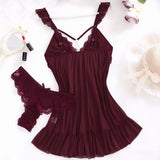 2026 New Red Sexy Lingerie Set Women Deep V Slip Dress Thong Erotic Bra Panty Sets Lace Nightdress Soft Nightgown wedding Pijama