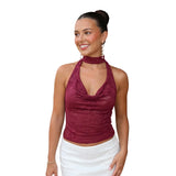 Women Summer Halter Top Sleeveless Lace Backless Solid Color Camis Tops for Club Party