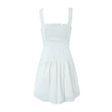 Foridol Bowknot Smocked White Short Dress Women Summer Cotton Mini Sleeveless Tank Sundress Beach Chic Buttons Dress for Petite