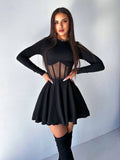 FDYOUI 2026 Sexy Mesh Patchwork A-line Short Dress Streetwear Women's O-neck Long Sleeve High Waist Tuncs Party Club Dresses