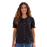 Women Doll Collar Loose Floral/Solid Tops Short Sleeve Button-down Shirts Casual Summer Streetwear