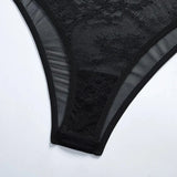Toucheart Sexy Mesh Patchwork Embroidery Jumpsuit For Women Lace Sling Underwear Solid Color Sexy See-Through Backless Jumpsuit