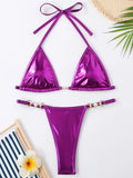 PU Leather Pearls Bikini Mini Micro Thong Bikinis Women Swimwear Female Swimsuit Two-piece Bikini Set Halter Bathing Suit Swim