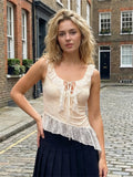 Women Flounce Vest Lace Jacquard Square Neck Tie-up Tank Tops Backless Sleeveless Slim Fit Retro Blouses for Party Club