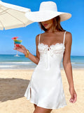 Summer Women´s Lace Trim Corset Sling Dress Sleeveless Tie Up Backless Skinny Split Dress for Party Sexy Retro Clubwear