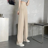 Women High Waist Straight Wide Leg Pants Solid Color Suit Pants Elastic Slant Pockets Loose Office Trousers