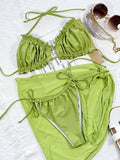 2026 Sexy Three-piece Bikini Set Women Pleated Hollow Halter Solid Swimwear Swimsuit Bikinis Set Bathing Suit Beach Mesh Cover