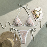 Embroidery Mesh Lace Halter Bikini Female Swimsuit Women Swimwear Two-pieces Bikini Set High Cut Bathing Suit Swim Beach Wear
