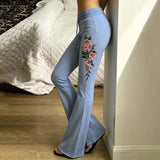 Retro rose letter print low-waist drawstring flared trousers, slim fit and versatile casual trousers