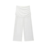 Women's One Shoulder Top Long Pants Set White Strapless Ruched Crop Top And Mesh Flare Pants Two Piece Set Out Party Outfit LNBK